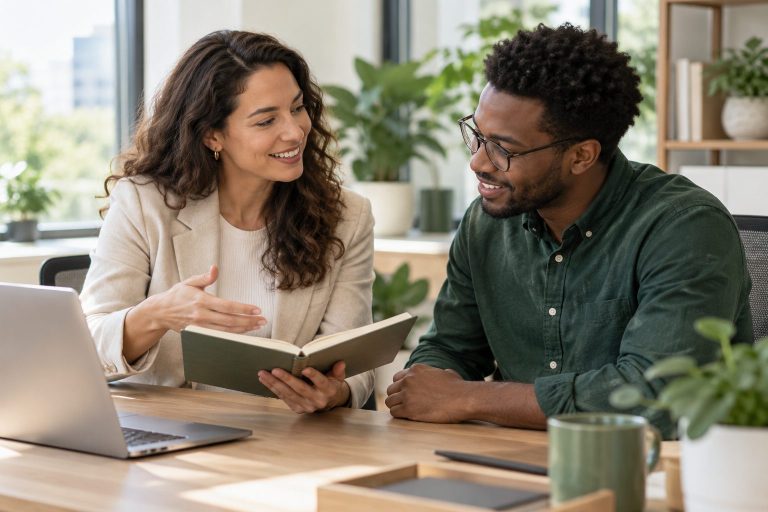 Two colleagues smiling and discussing a notebook at an office desk.