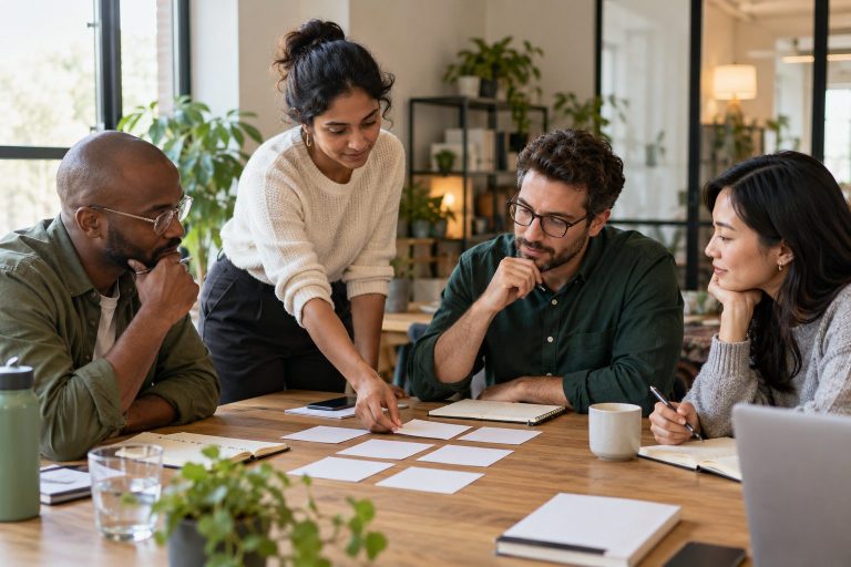 Four professionals reviewing blank planning cards together around an office meeting table.