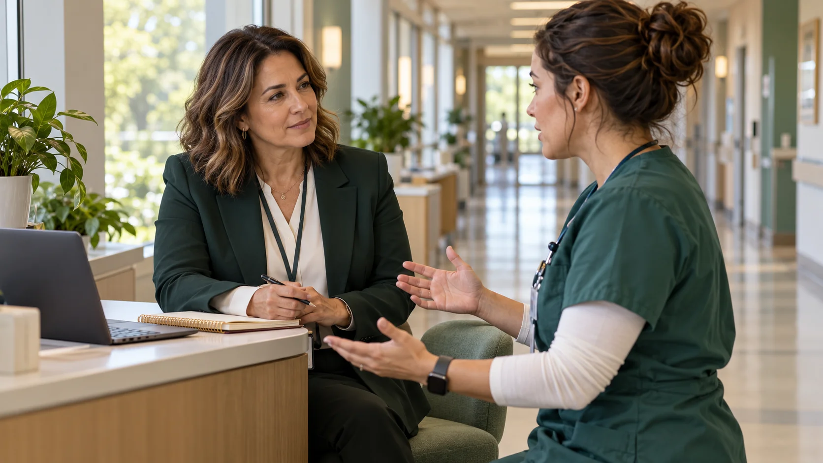 HR advisor listening to a nurse manager in a healthcare setting.