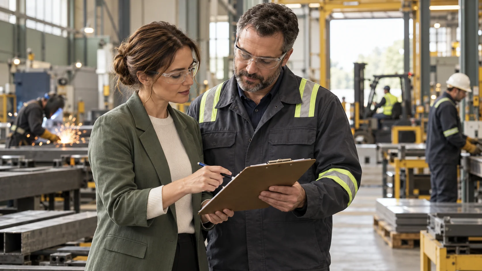 Advisor and manufacturing supervisor reviewing a checklist while wearing safety glasses.