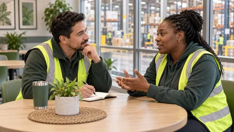 Distribution team supervisor listening to an employee during a check-in.