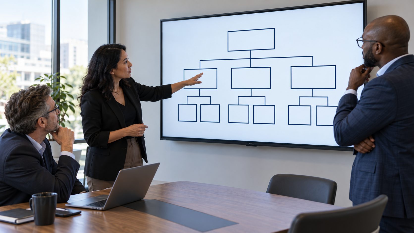 Leaders reviewing an empty-box organizational chart on a large digital display.