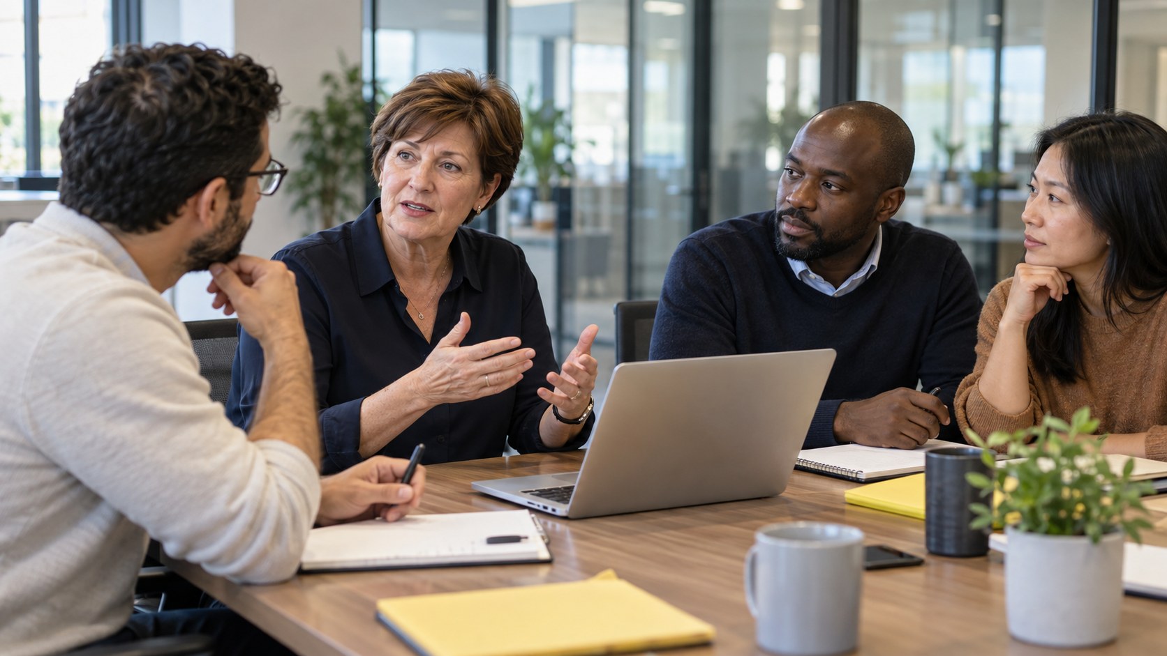 A leader discusses organizational change with three colleagues around a conference table.